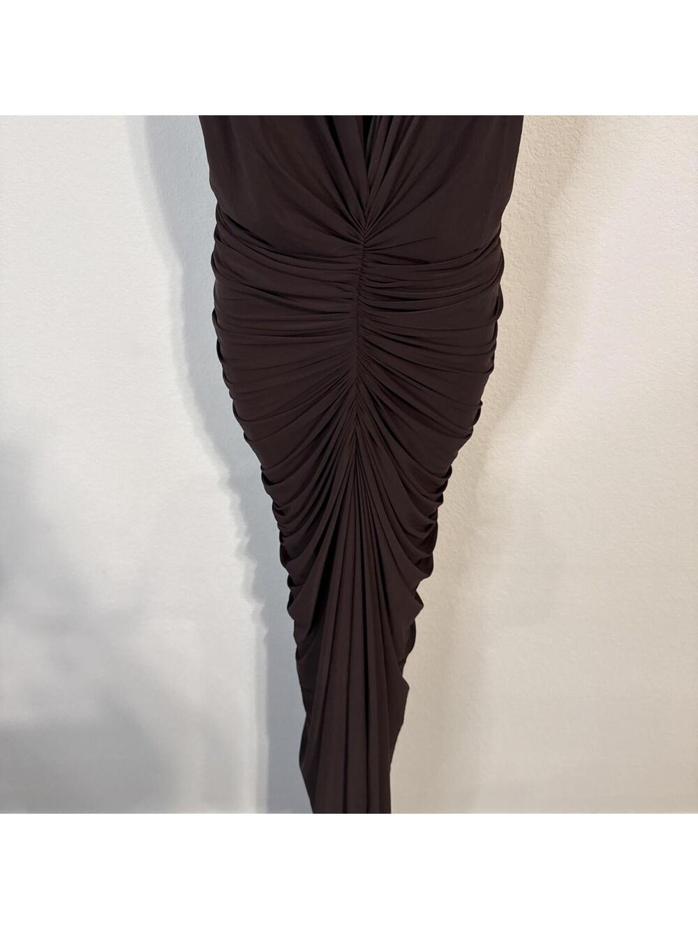 Ronny Kobo Anya Spaghetti Strap Brown Ruched Maxi Cocktail Dress - XL - Picture 4 of 12